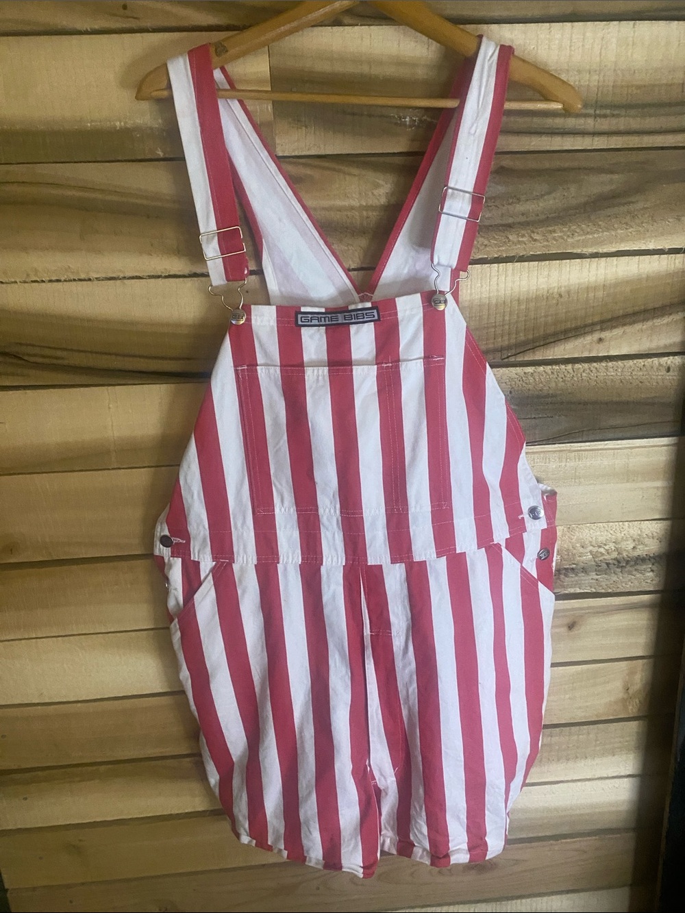 Game Bibs Red & White Striped Overall shorts size large four pockets